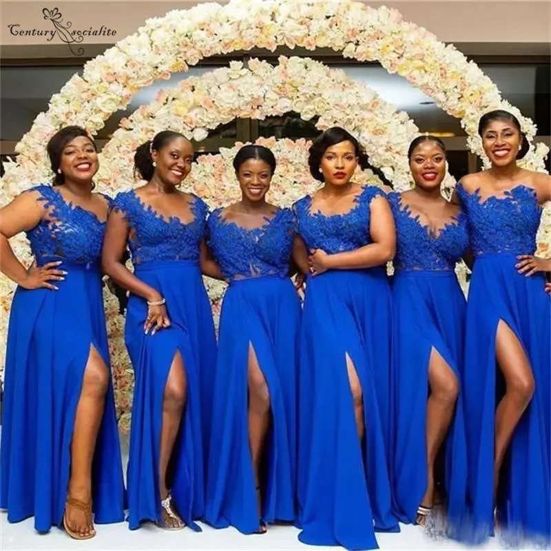 Роскошное синее кружево длинное шифоновое Прозрачное платье с высоким разрезом