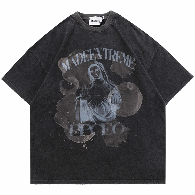 

Men Hip Hop Oversize Streetwear Washed T-Shirt Sister Letter Print Tshirts Harajuku Cotton Summer Short Sleeve Casual Tops Tees