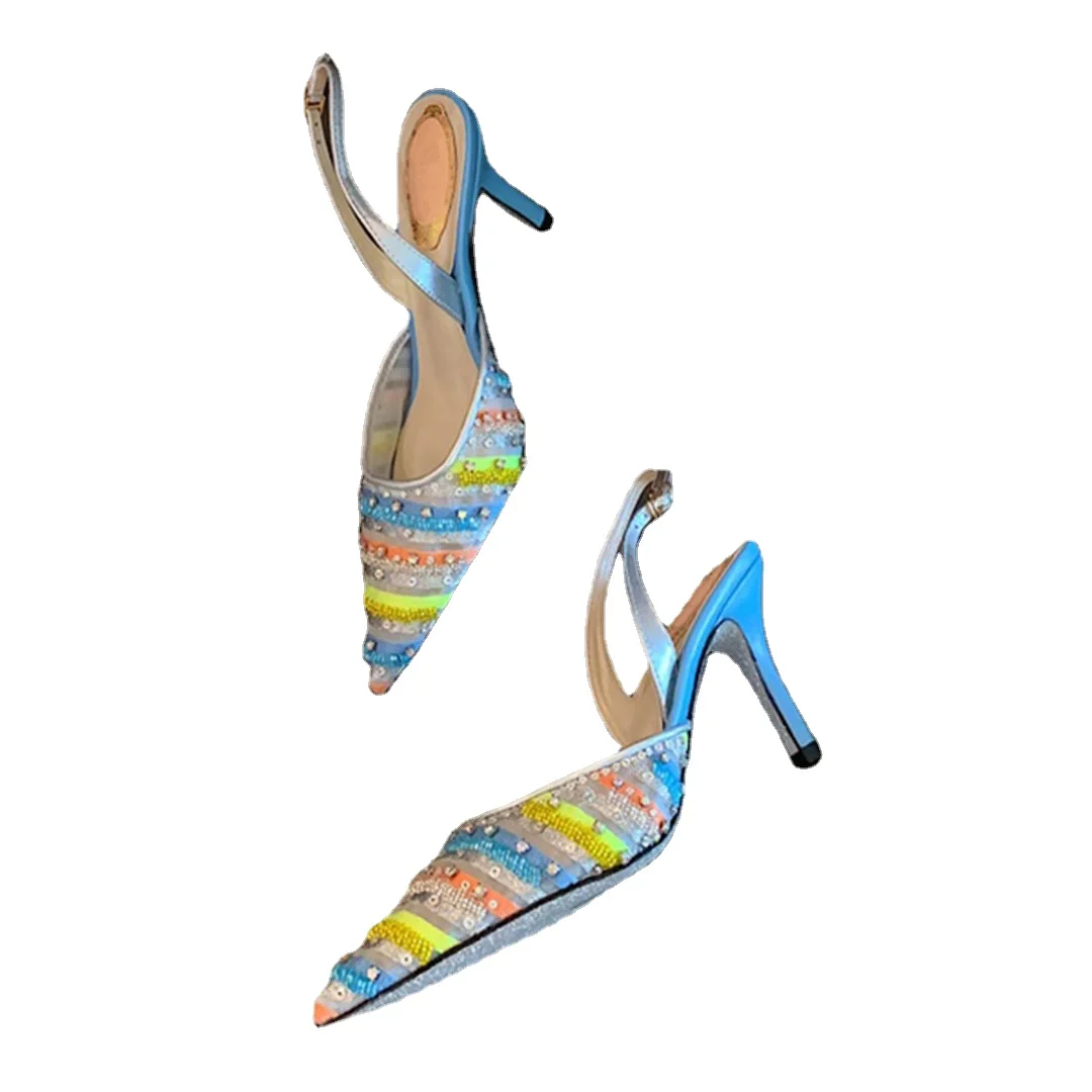 

2021 летние сексуальные сандалии на высоком каблуке с кристаллами и бусинами радужные полосы с кожаной подкладкой с острым носком классическ...