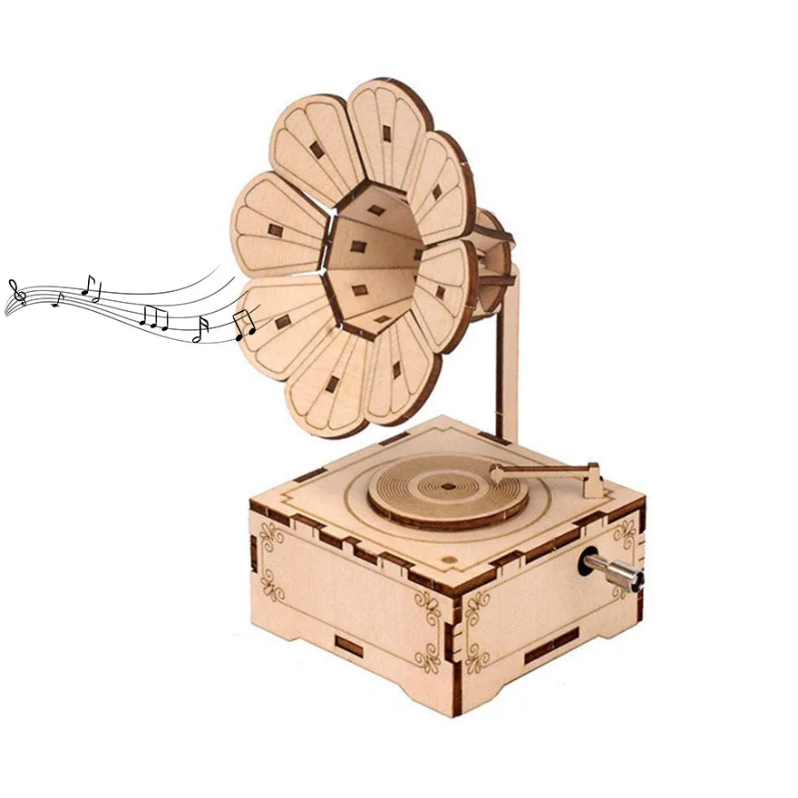 

Children Wooden DIY Hand Cranked Phonograph Music Box Creative 3D Wooden Puzzle Assembly Model Building Kits Toys