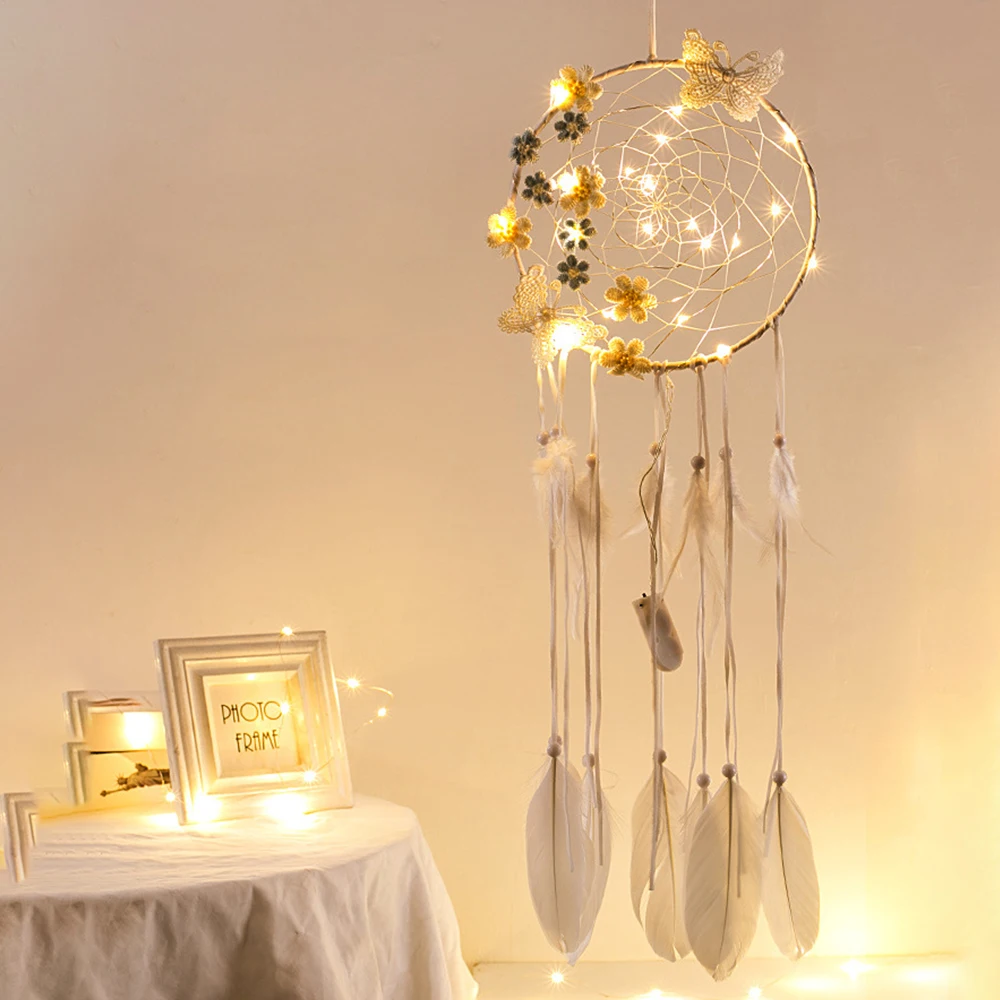 

Butterfly Flower Dream Catcher LED Lights Braided Wind Chimes Wall Hanging Ornament Decor For Girl Bedroom Baby Room Home Decor