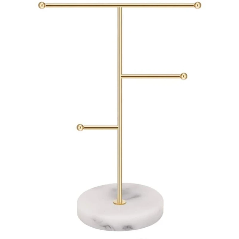 

Nordic Style Jewelry Stand with Marble Pattern Base Necklace Display Holder Rack T-Bar Metal Tabletop Hanging Pendant Bracelet