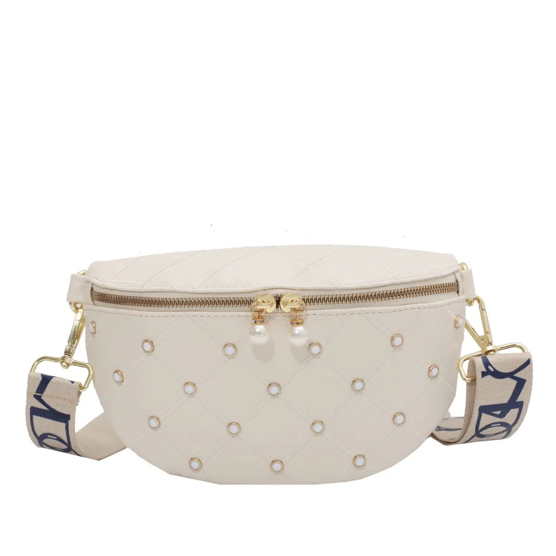 

European Style Chest Bag Summer New Diamond Pearl PU Leather Women's Waist Bag Fashion Wide Shoulder Strap Female's Saddle Bag