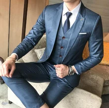 Blue Wedding Men Suits 3Pcs Jacket+Pants+Vest Notch Lapel Blazer Trousers Groom Tuxedo Bridegroom Custom Made Dinner Party Wear (3)