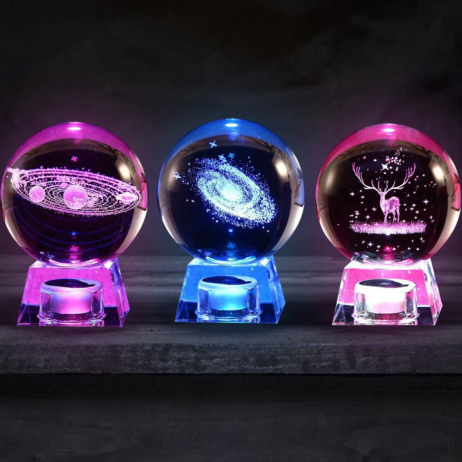 Crystal Snow Globe Elk Solar System Milky-Way Crystal Ball Snow Globe Glass Lights Birthday Gift Spinning Crafts Desktop Decor