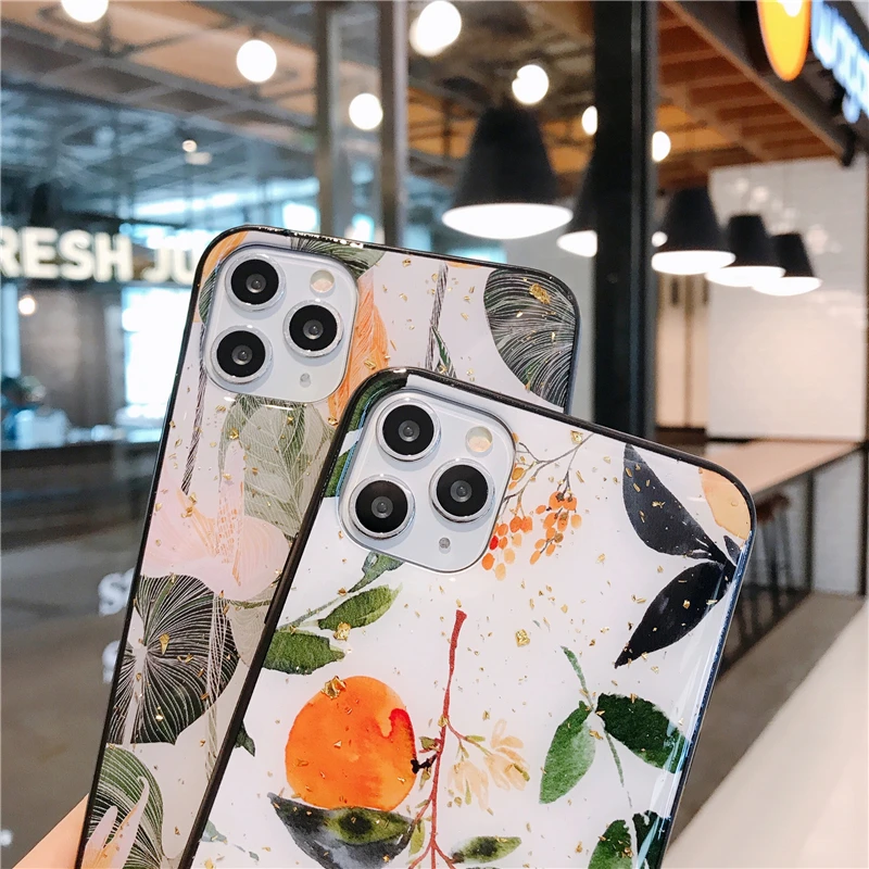 New Painted Gold Foil Silicon Case For iPhone 14 13 12 11 Pro Xs Max SE XR X 6 6s 7 8 Plus Glitter Fruit Orange Soft Cases Cover