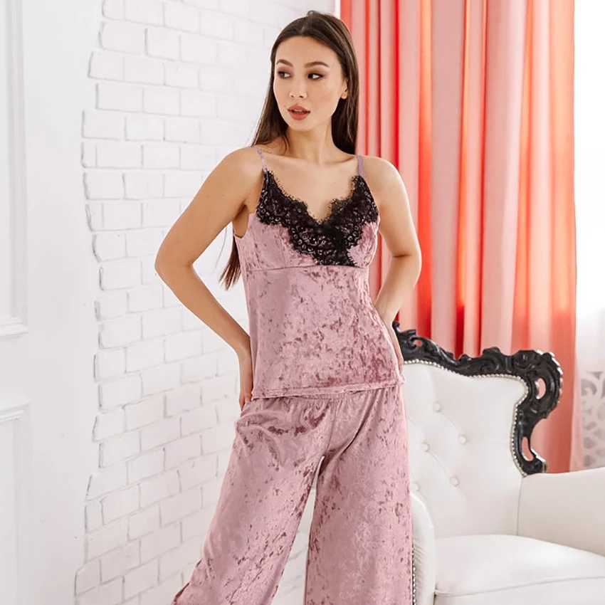 

Restve Lace Patchwork Sleepwear Female Knit Velvet 2 Piece Set Pink V Neck Spaghetti Strap Tops Women Sets Loose Pants Autumn