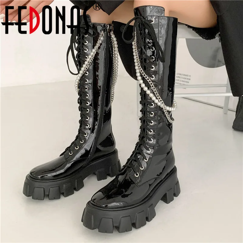 

FEDONAS Punk Metal Decoration Knee High Boots Genuine Leather Platform Chunky Heels Pumps Female Night Club Prom Shoes Woman