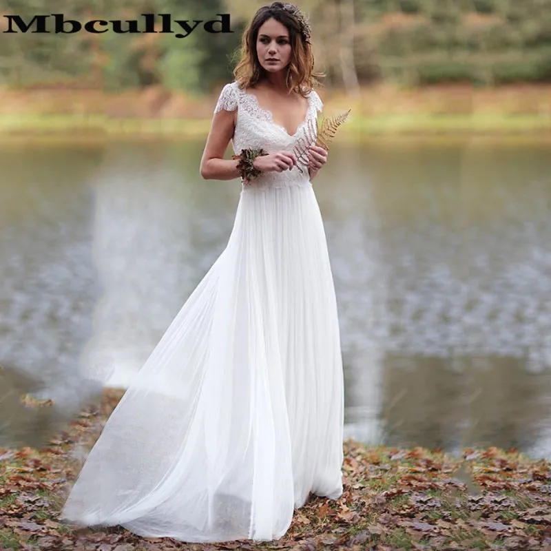 

Mbcullyd V-образный вырез A-Line пляжные свадебные платья 2020 шикарные богемные Свадебные платья с открытой спиной формальная аппликация кружева