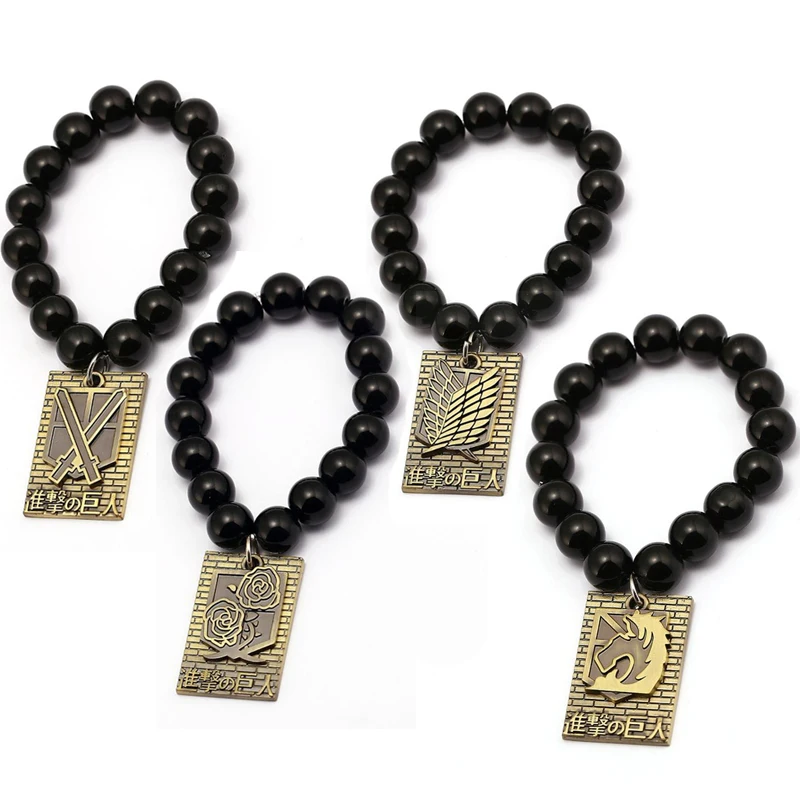 Attack On Titan Bracelets Handmade Badge Shingeki No Kyojin Cosplay Unisex Bracelet Natural Black Onyx Beads | Украшения и