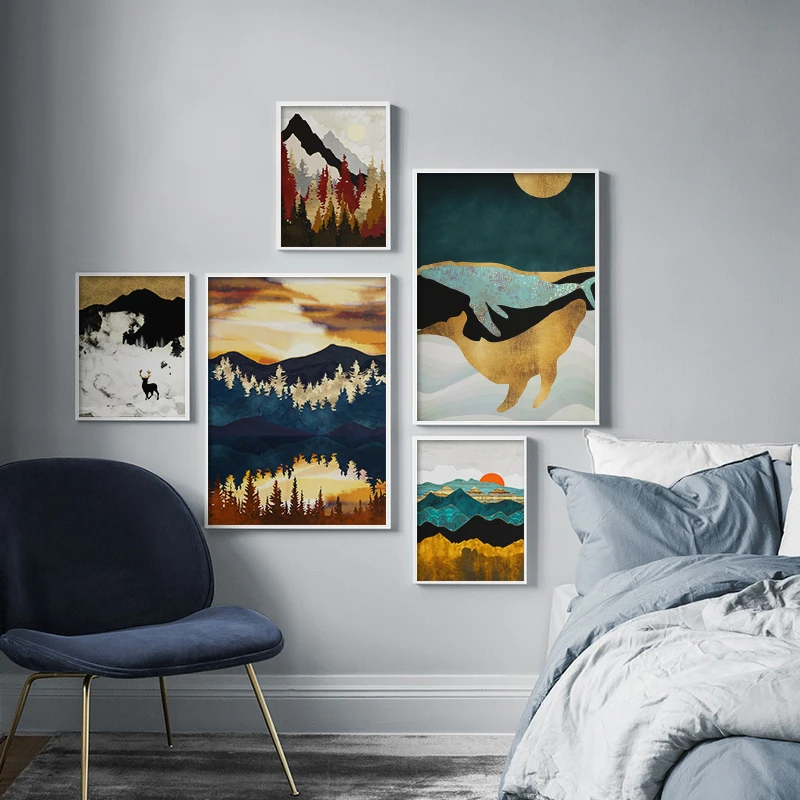 

Modern Golden Abstract Landscape Picture Home Decor Nordic Ocean Whale Canvas Painting Wall Art Mountain Forest Poster and Print