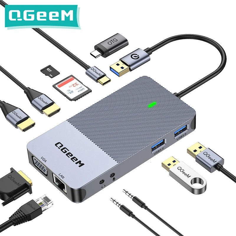QGeeM USB Hub 3.0 Док станция Тройной дисплей Dual HDMI VGA Card Reader RJ45 Lan C Разветвитель адаптера