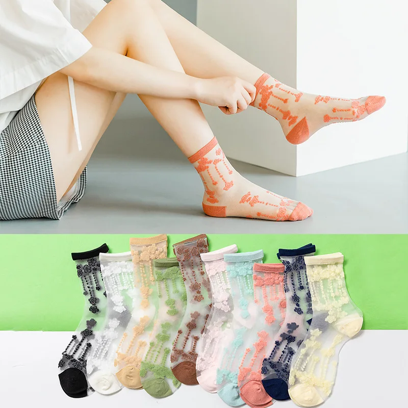 

Spring Summer Thin Flowers Woman Girls Socks Female Fashion Transparent Crystal Silk Soft Elastic Middle Tube Breathable Sox