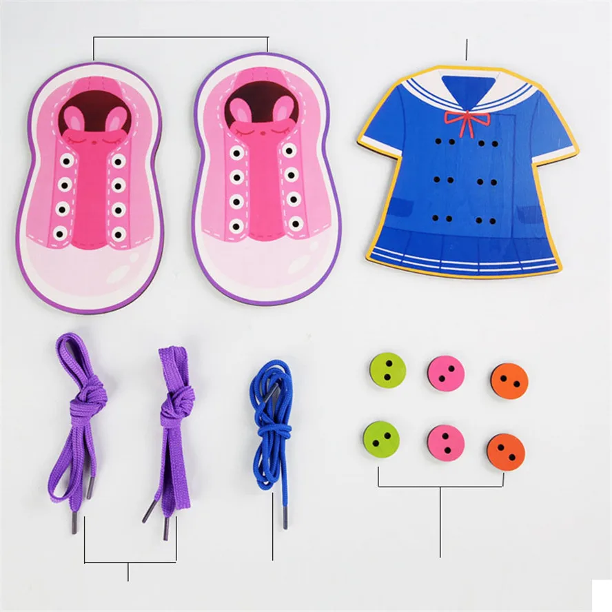 Montessori Threading Beads Game Wooden Kids Educational Lacing Toys Sewing Buttons Teaching Aid Puzzle Stringing Toy for Baby