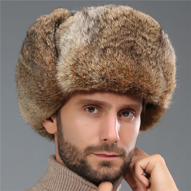 

Rabbit Fur Hat Winter Fur Hat Thickened Warmth and Cold-proof Outdoor Cotton Ear Cap Rabbit Fur Cap Earflap Men Snow Caps