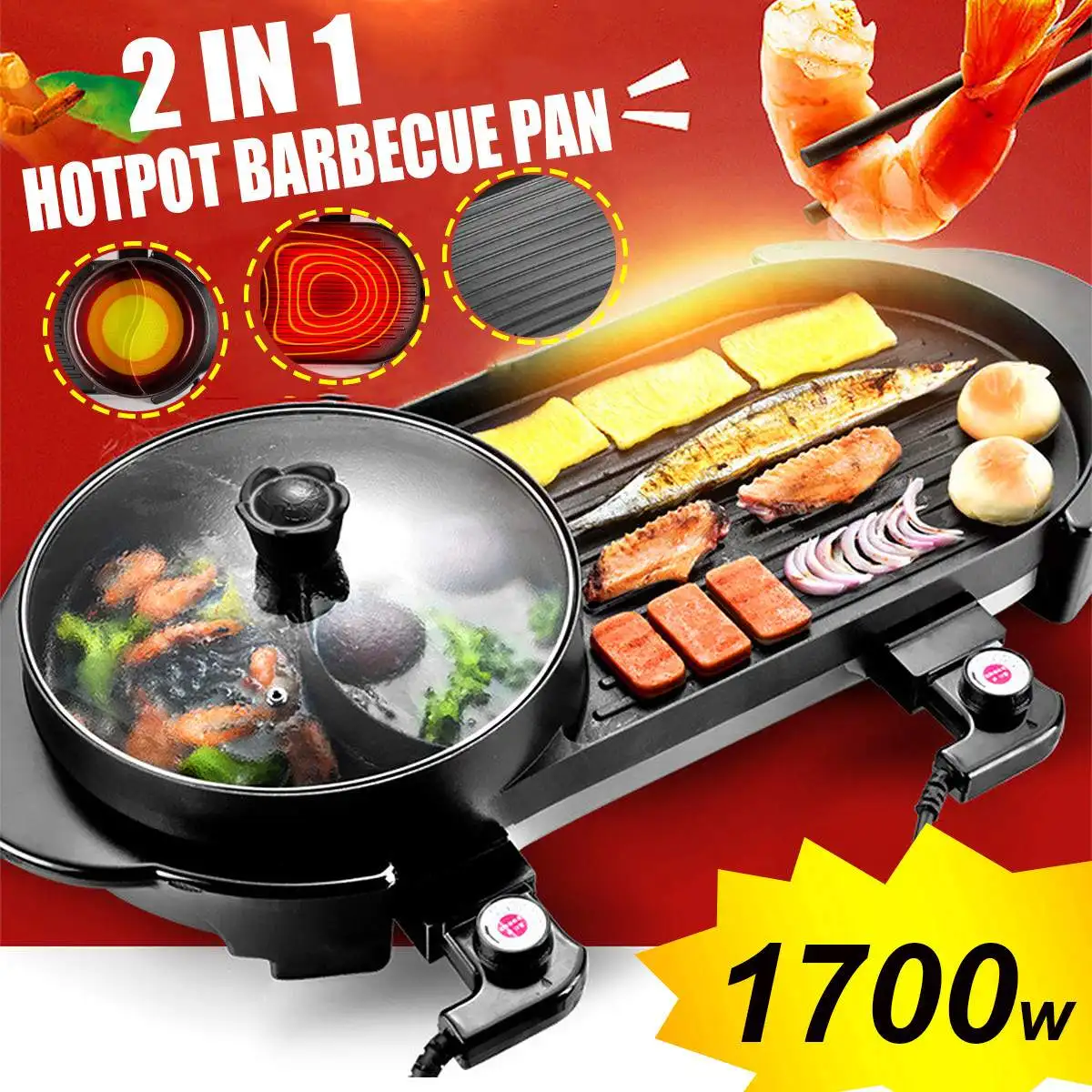 

2 in 1 Electric Grill Pan Hot Pot Shabu Smokeless BBQ Machine Non-Stick Griddle Home Barbecue Grill Indoor Roast Meat Cooker