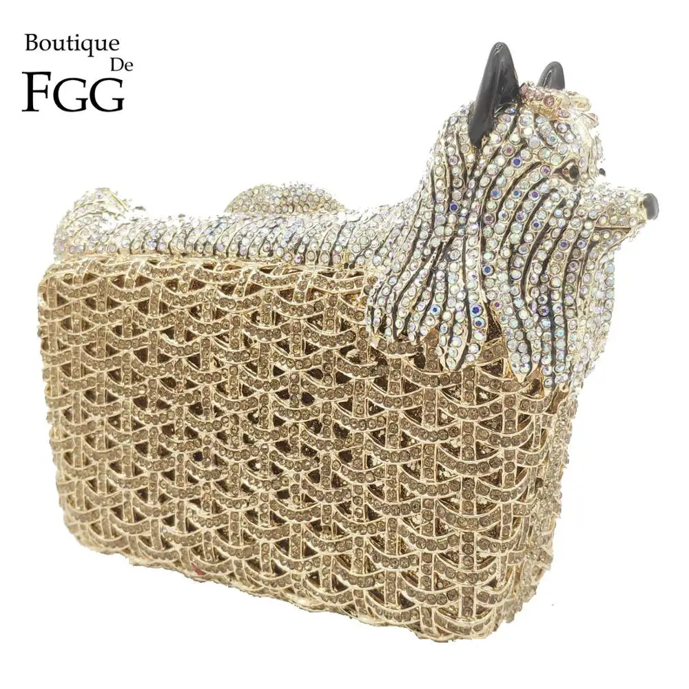 Boutique De FGG Pink-Bow Doggy Puppy Women Gold Crystal Clutch Evening Bags Wedding Party Handbags Dog Minaudierer Purses Bag