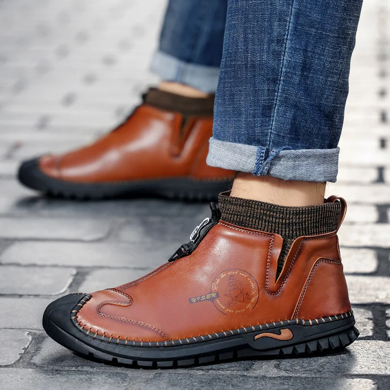 

2021 Winter Men's Snow Boots Warm Thick-soled Round Toe Male Shoes Stitching Flat-bottomed Solid Color Men's Leather Shoes