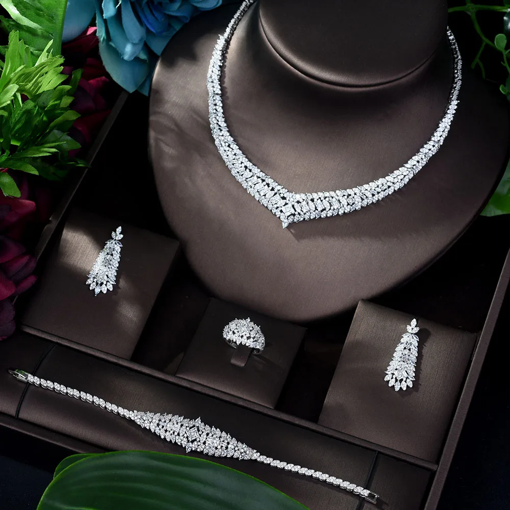 Hiневесты эксклюзивный Дубай белый ювелирный набор роскошный кубический цирконий ожерелье серьги браслет вечерние набор украшений для жен...