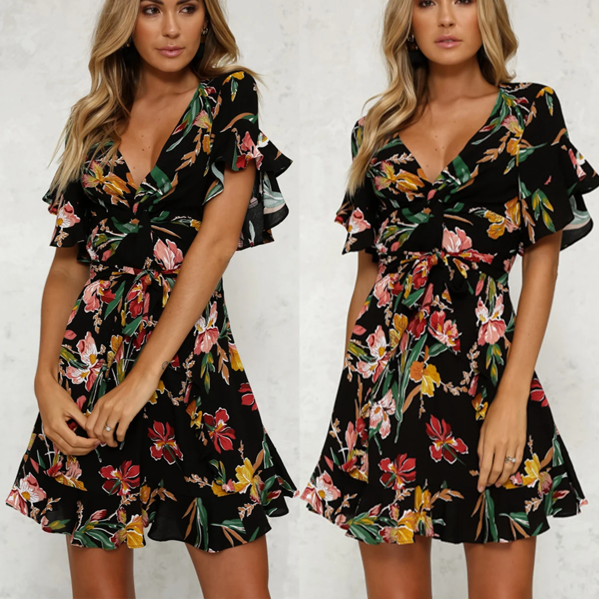 Женское летнее платье с цветочным принтом мини рюшами на рукавах пляжные