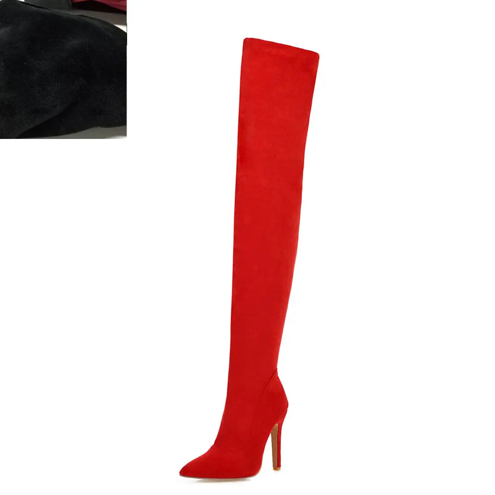 Red short plush Г. Фирменный дизайн, большой размер 32-48, женская обувь, ботинки замшевые женские ботфорты на высоком тонком каблуке, обувь женская обувь красного и черного цвета - Цвет: Red short plush