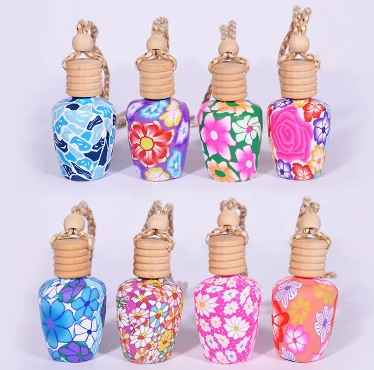

Mix Style Polymer Clay Car Hanging Perfume Bottle Air Freshener For Essential Oils Diffuser Fragrance Empty Glass Bottle SN56