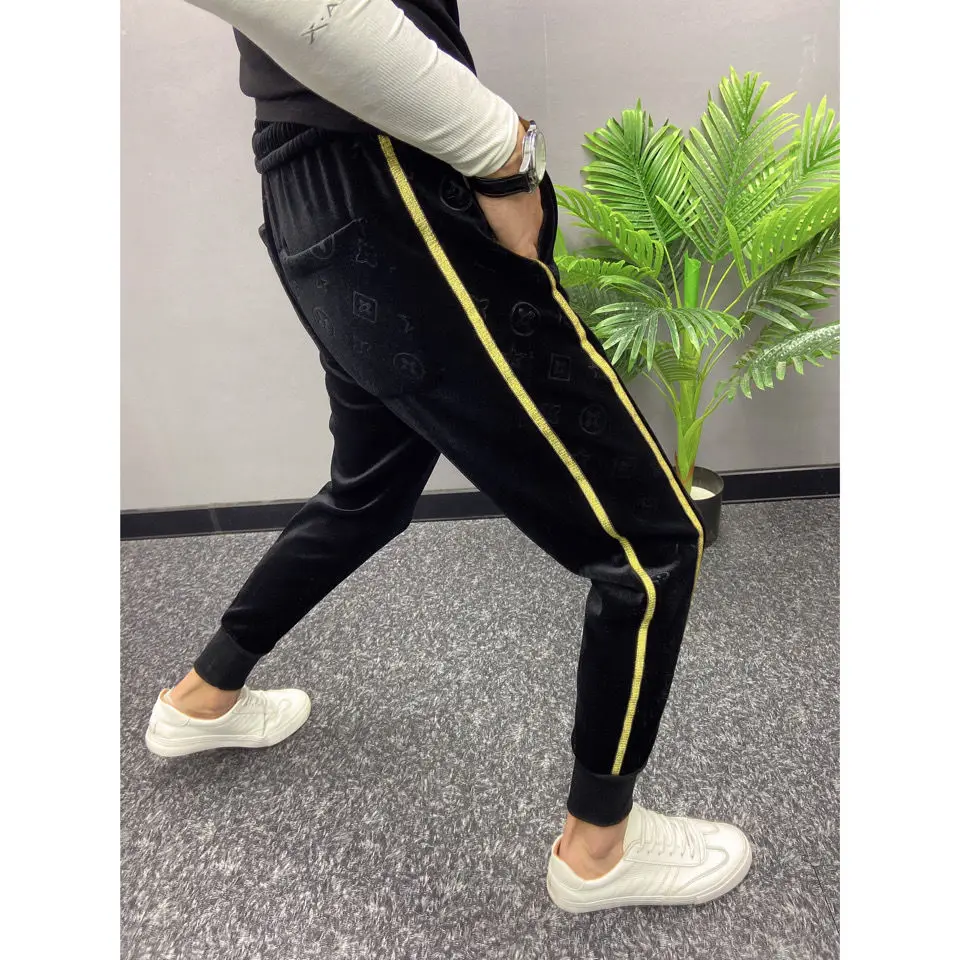 

Autumn and winter new net red fashion gold velvet black print letter casual pants trend slim stretch leggings