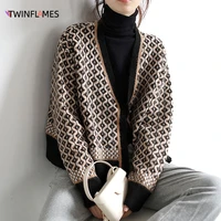 knitted cardigan for women vintage korean chic argyle sweater autumn winter clothes long sleeve thick v neck loose coat female
