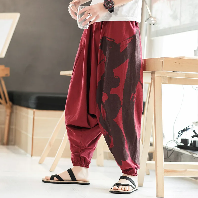 Мужские штаны для йоги льняные свободные широкие в паховой области мужские