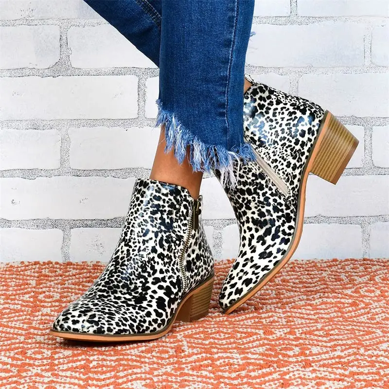 leopard-BK MCCKLE/осенние женские ботильоны; женская обувь леопардовой расцветки; женская модная обувь из искусственной кожи на молнии на среднем каблуке и платформе - Цвет: leopard-BK