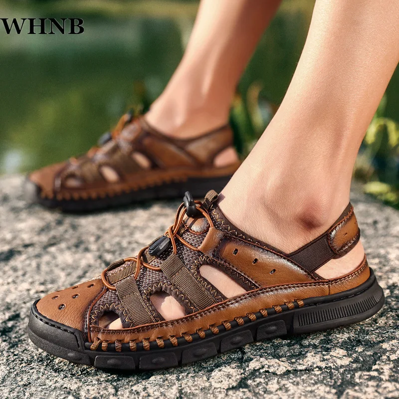 

WHNB Male Shoes Genuine Leather Men Sandals Summer Men Shoes Beach Fashion Outdoor Casua