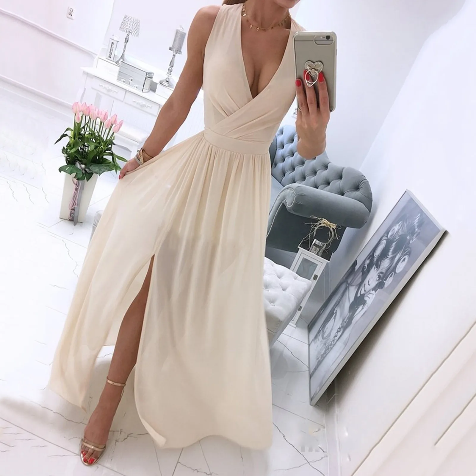 

Sexy Women Beach V-neck Dresses Summer Vogue Sexy Party Casual A-line Formal Dress Split Pure Color Sleeveless Robe Femme #G2