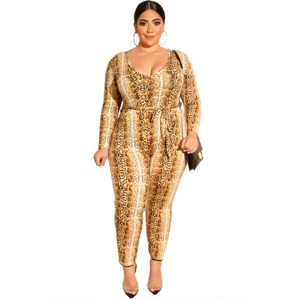 

Plus Size Sexy Women Casual Jumpsuits Retro Snake Printed O Neck Skinny Long Sleeve Rompers Large Size Streetwear Overalls 5XL