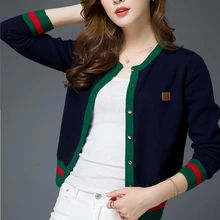 Women's Knitted Cardigan Contrast Color Round Collar Thin Short Sweater Wholesale Spring Autumn 2022