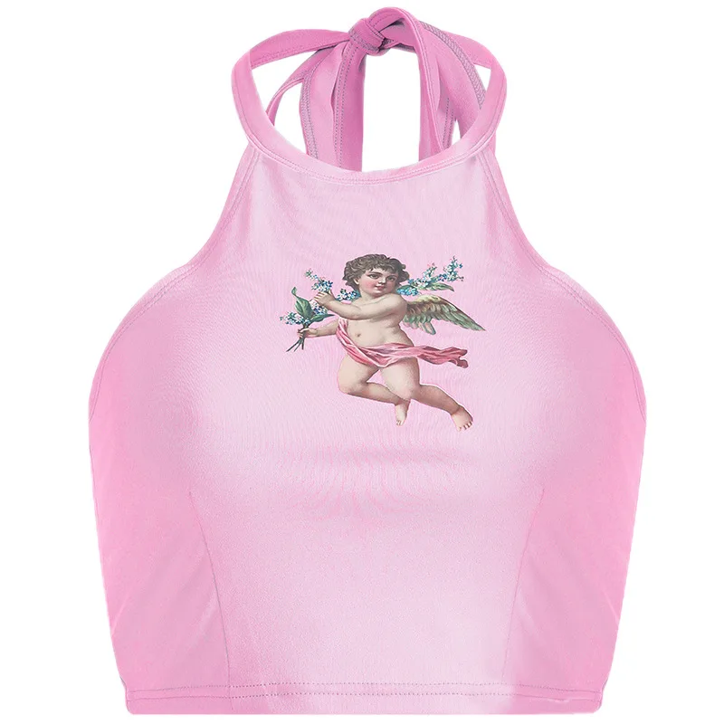 Женский укороченный топ с открытыми плечами летний лямкой на шее и принтом