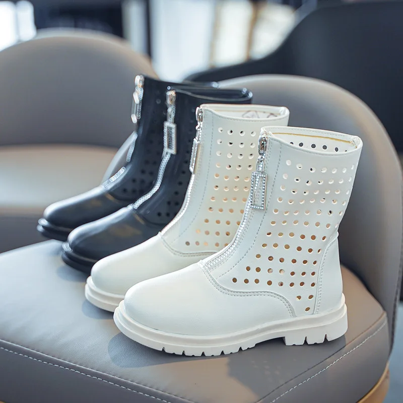 

2021 Autumn Brand New Children Boots For Girls Fashion Motorcycle Boots Cut-outs Breathable Tide Performance Shoes Front Zipper