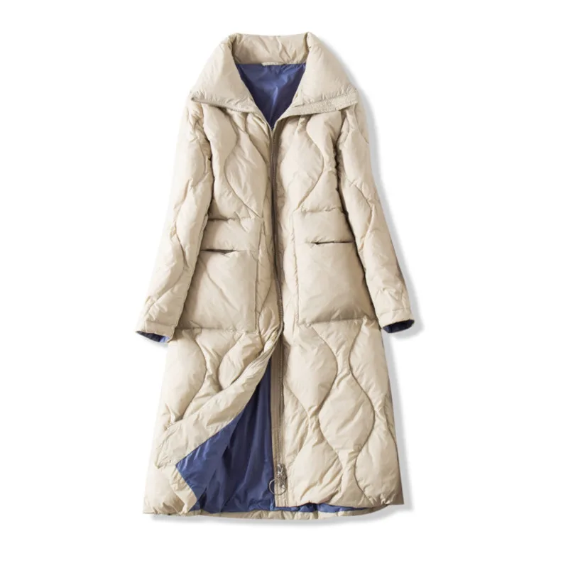 

2022 Winter Women Thick Long Down Coat Stand Collar White Duck Down Loose Staright Zipper Down Coats Women Pocket Parkas Coat
