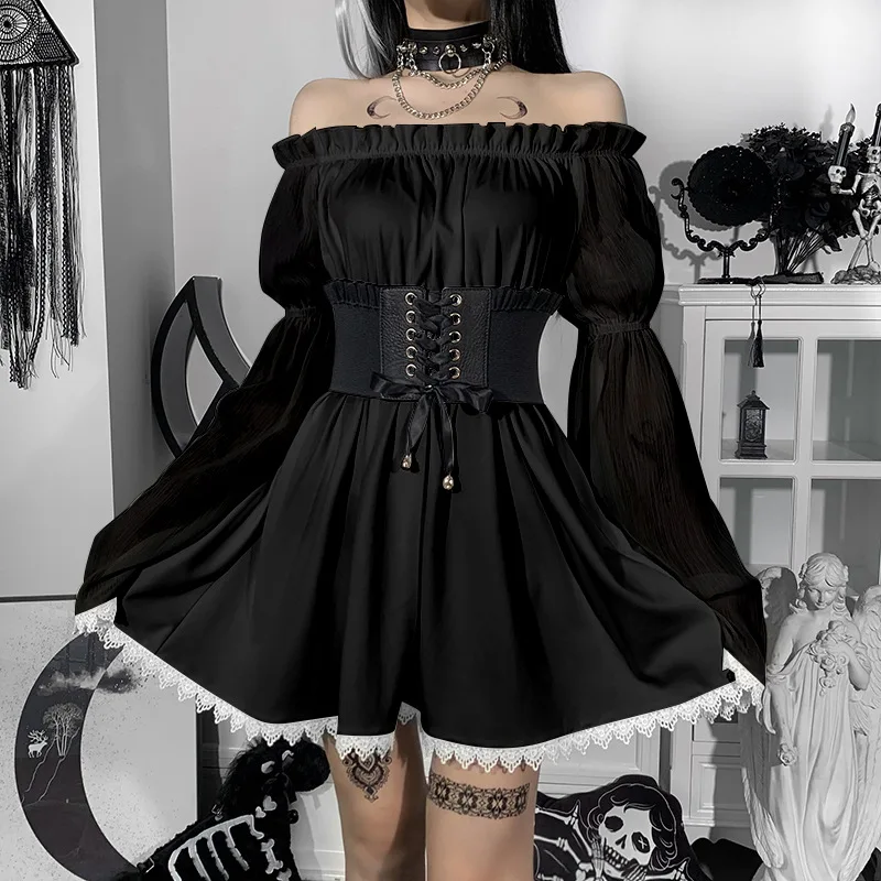 

2021 Goth Aesthetic Solid Gothic Mini Dress Grunge Lace Up Belt Mesh Vintage Chic Punk Hip Hop Streetwear Emo Alt Clothes Belt