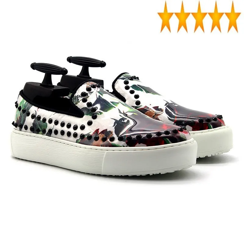 

Casual 2021 New Loafers Hand-Painted Black Rivet Luxury Punk Shoes Men Trainers Top Quality Slip-On Flats Thick Platform Sneaker