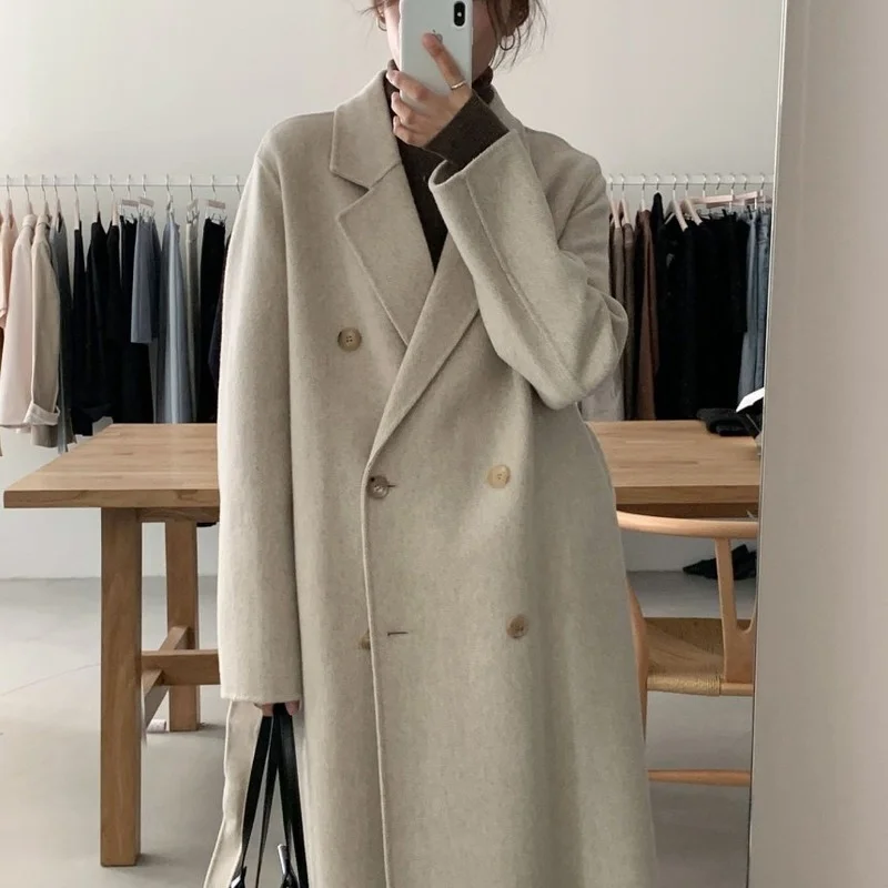 

Женская шерстяная куртка, корейское шикарное осенне-зимнее шерстяное пальто, женская двубортная Повседневная Свободная длинная теплая осе...