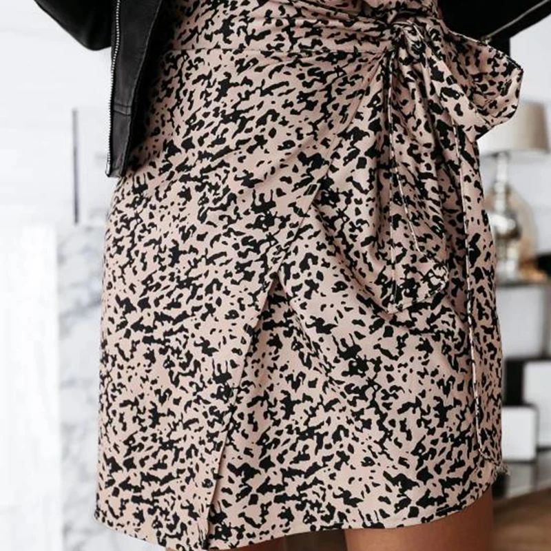 

Women High Waist Leopard Print Mini Wrap Skirt Autumn Casual Bandage Floral Faldas Female Elegant Irregular Bodycon Short Skirts