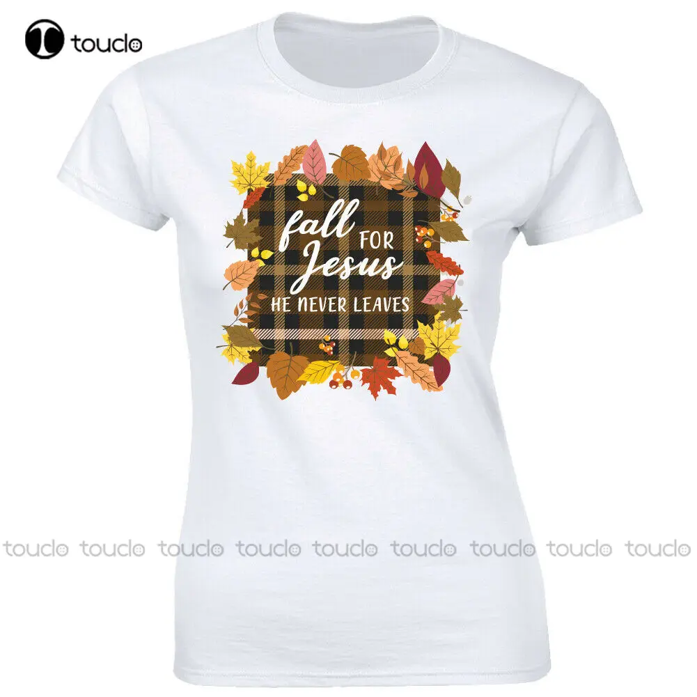 

New Fall For Jesus He Never Leaves Women'S Autumn T-Shirt Funny Pun Humor Faith Tee Baseball Shirt Unisex