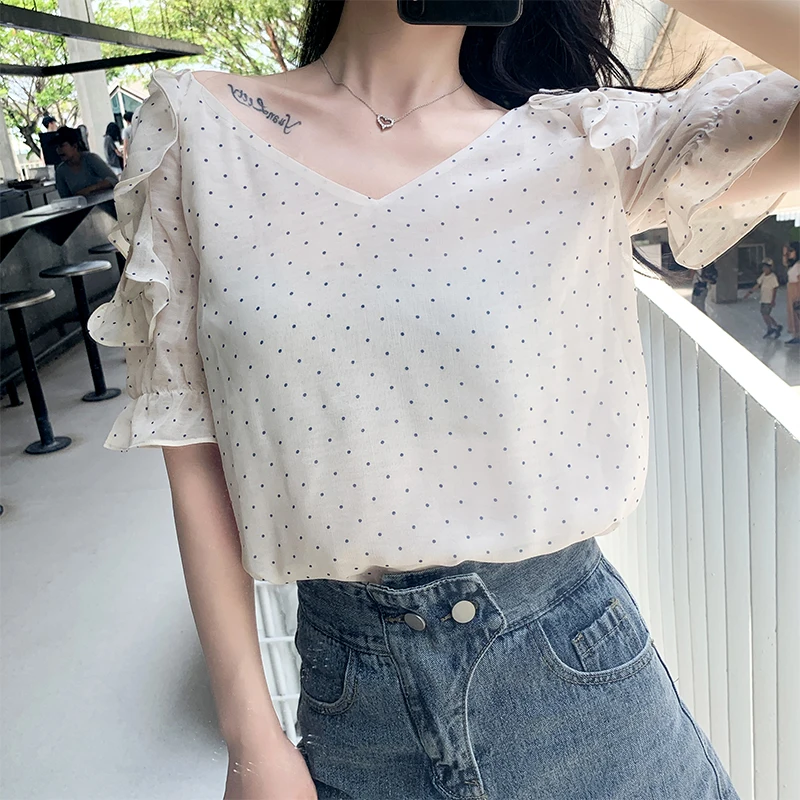 

Solid Color Lace Hollow Out Good Quality Female Cheap Top Short Sleeve Summer New Design V-neck Korean Woman Chiffon Shirt