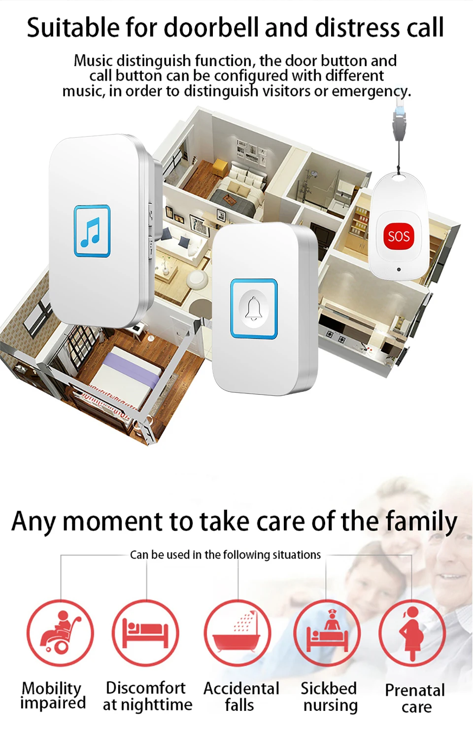 CACAZI Waterproof Wireless pager Doorbell Old man Emergency alarm 80M Remote Light Home Bell Call 220V Electronic Chime | Обустройство