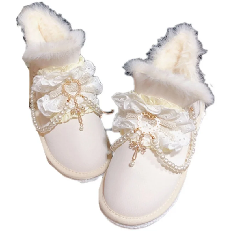 

Maid style cute round head low tube snow boots thick bottom thickening design plush boots 2021 new net red