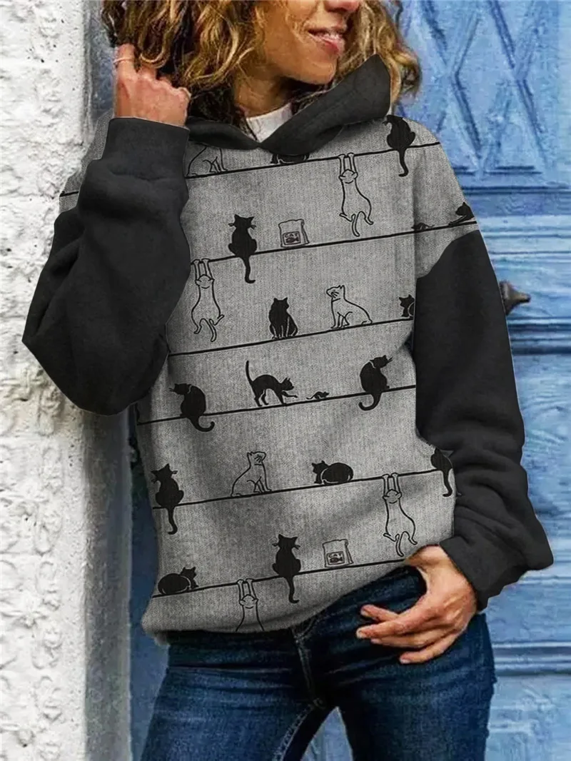 

Fashion Women Long Sleeve Cat Print Casual Sweatshirt Top Streetwear Women Sweatshirt