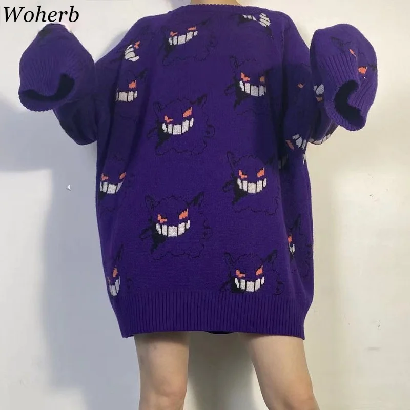 Woherb Anime Sweater Women Harajuku Pattern Pullover Loose Korean Style Autumn Winter Warm Knitted Jumper Woman Sweaters | Женская