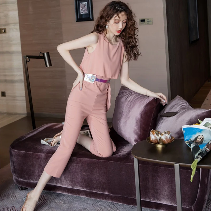 

new arrival fashion elegant jumpsuit women summer chiffon o-neck sleeveless ruffle temperament simple pink straight jumpsuit
