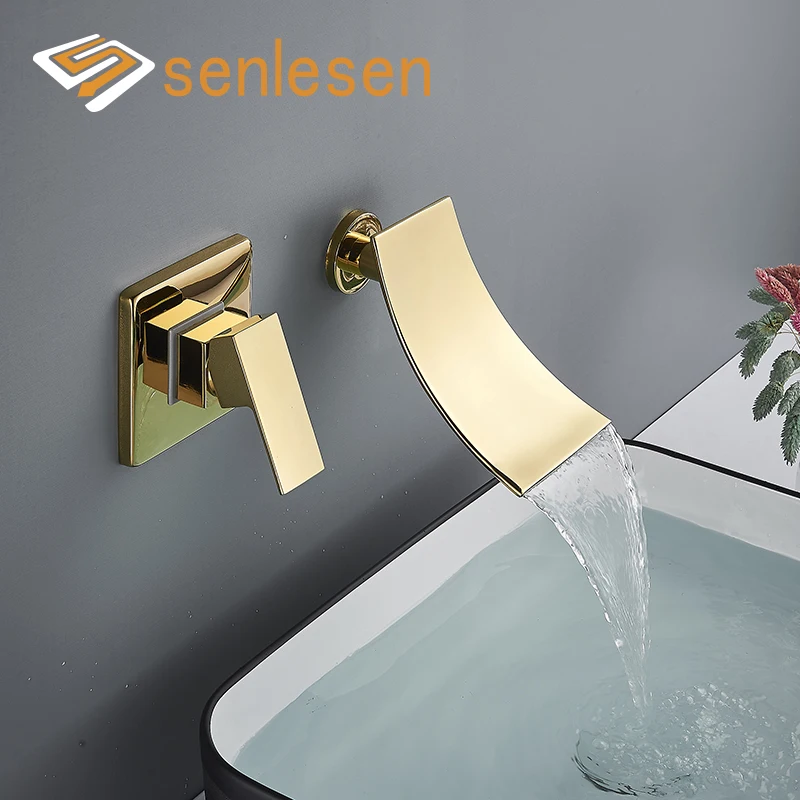 

Senlesen Concealed Bathroom Basin Faucet Nordic Style Waterfall Spout Single Handle Wall Mounted Hot and Cold Water Mixer Tap