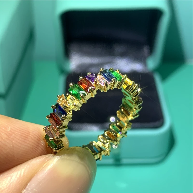 Кольцо Eternity promise Радужное AAAAA cz 925 пробы серебро роскошные вечерние Обручальные кольца для мужчин и женщин bijoux подарок - Цвет основного камня: Gold